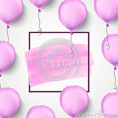 It s a girl. Pink balloons. Vector illustration. Pink helium balloons with frame and brush stroke. Celebration Vector Illustration