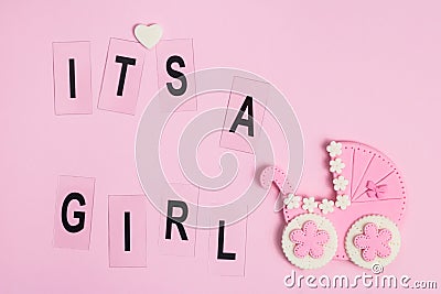 It`s a girl pink card. Newborn background. Baby shower invitation. Birth announcement. Flat lay Stock Photo