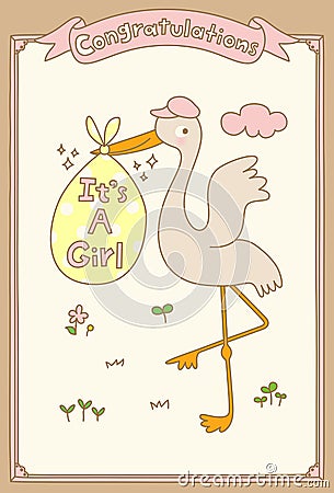 It`s A Girl Stork Special Delivery. Baby Shower Announcement Card. Vector Illustration. Vector Illustration