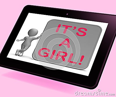 It's A Girl Tablet Means Announcing Female Baby Stock Photo