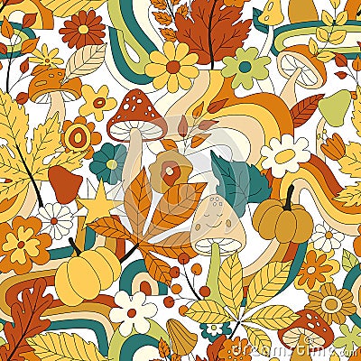 70s groovy hippie retro seamless pattern. Vintage floral vector pattern. Wavy fall background with rainbow, leaves Vector Illustration