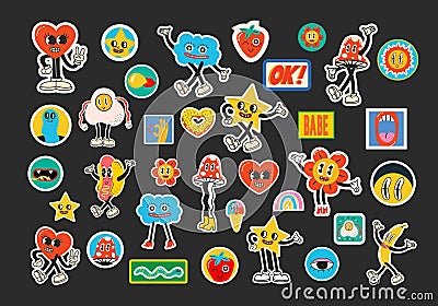 70's groovy illustrations for poster, sticker. Retro print with hippie cute crazy characters. Funky character Vector Illustration