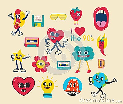 70's groovy illustrations for the posters, cards or stickers with hippie cute colorful funky character concepts of Cartoon Illustration