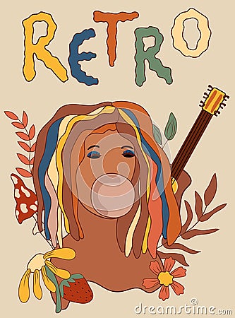 70s groovy posters, Colorful retro girl with guitar, flowers, leaves, mushroom and Retro lettering. Vintage hippy style Vector Illustration