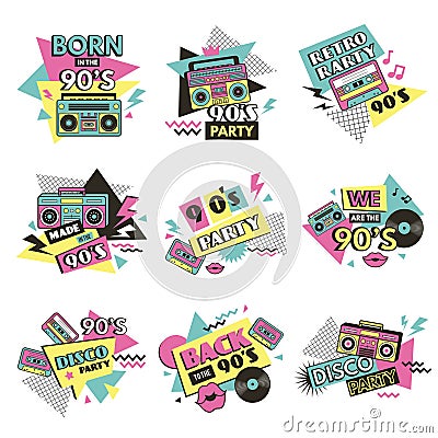 90s labels. Vintage fashioned labels for clothes retro style elements of pop music of 80s musical boombox radio recent Vector Illustration