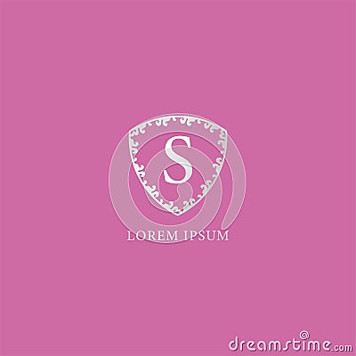 S Letter Intial logo design template. Luxury silver decorative floral shield illustration. Isolated on pink color background. Vector Illustration