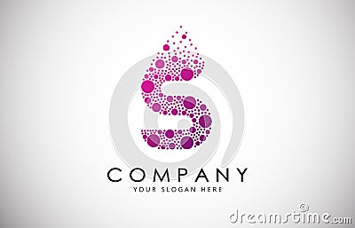 S Letter Logo with Dispersion Effect and Dots, Bubbles, Circles. Vector Illustration