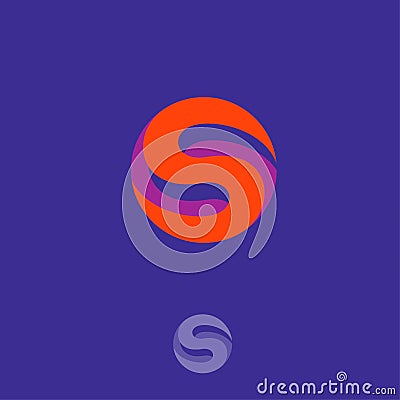 S logo. S monogram. S abstract volume letter. Orange letter on a violet circle. Vector Illustration