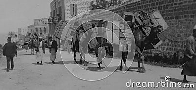 1920s monochrome photo of a street scene at the Port of Jaffa in Palestine, now Israel, south of Tel Aviv. Editorial Stock Photo