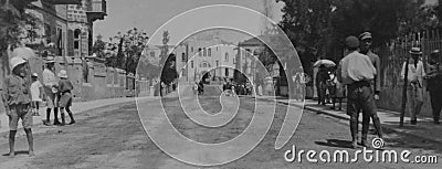 1920s monochrome photo of a street scene at the Port of Jaffa in Palestine, now Israel, south of Tel Aviv. Editorial Stock Photo