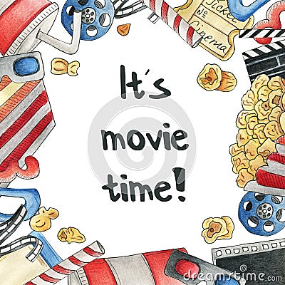 It's movie time Watercolor hand drawn illustrations for cinema topic in cartoon. Frame made of movie watching equipment. Cartoon Illustration