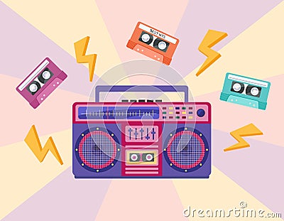 1990s music. Vibrant boombox and tapes isolated. Audio recorder retro device from 80s 90s. Flat vector illustration of colorful Vector Illustration