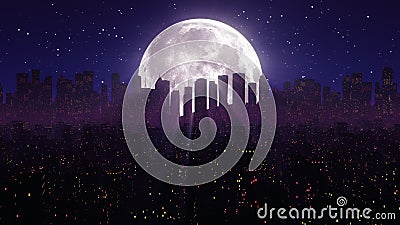 80s night city synthwave VJ cyberpunk background with neon lights, moon, stars Cartoon Illustration