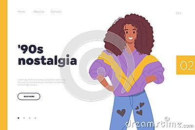 90s nostalgia concept for landing page template with trendy fashion young disco woman design Vector Illustration