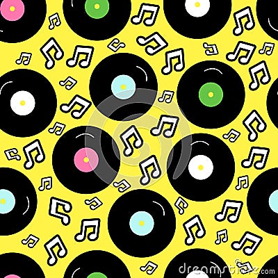 80s nostalgia style, Vintage retro 80`s fashion seamless background. Pattern with vinyl record. Vector Illustration