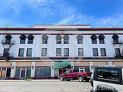 1900s original Hotel with fire escapes and green window coverings from outside, Reno, NV Editorial Stock Photo