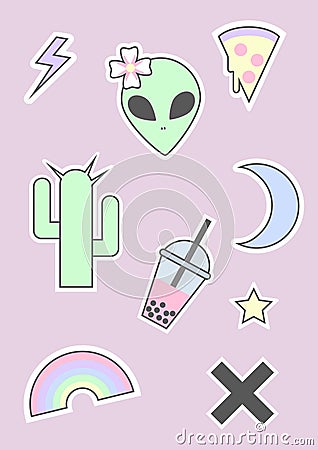 90s pastel goth alien icon set Stock Photo