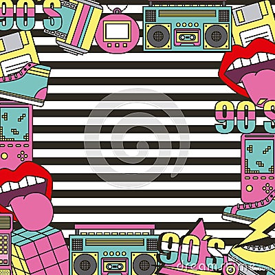 The 90s patches fashion poster frame decoration stripes background Vector Illustration