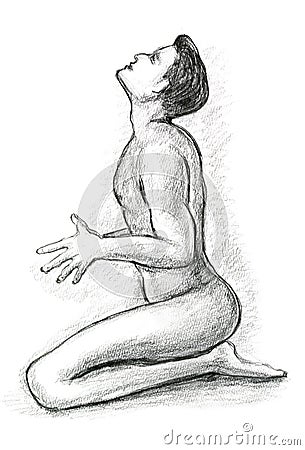 Praying for a Sign or Answers Nude Male Illustration Stock Photo