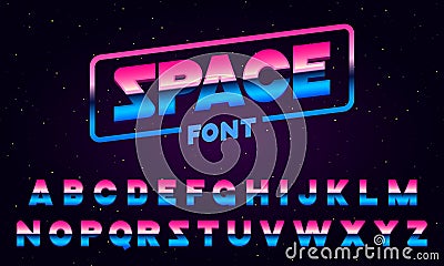 80 s purple neon retro font. Futuristic metal chrome letters. Bright Alphabet on dark background. Light Symbols Sign for Vector Illustration