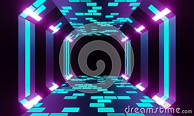 80s retro abstract technology background blue tunnel light. Futuristic city skyline night with glowing line. Laser game neon light Stock Photo