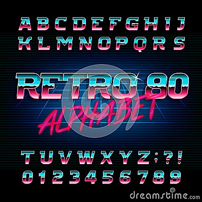 80`s retro alphabet font. Metallic effect shiny oblique letters and numbers. Vector Illustration