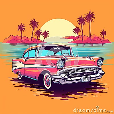 Vintage Car On Beach With Palm Trees And Sunset Cartoon Illustration