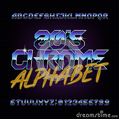 80s retro chrome alphabet font. Metallic effect shiny letters, numbers and symbols. Vector Illustration