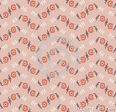 1970s Retro Daisy Blossom Motif Background. Naive Margerite Flower Seamless Pattern. Floral Chevron Stripe. Delicate Vector Illustration