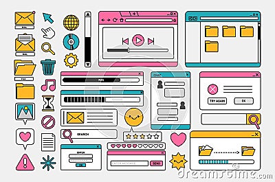 90s retro desktop interface. Retro user computer elements. Vintage old vaporwave icons and screens, UI and UX themes Vector Illustration