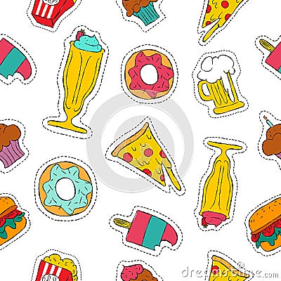 90s retro fast food patch icon seamless pattern Vector Illustration