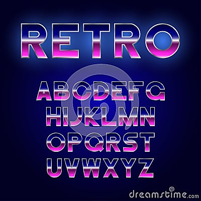 80`s Retro font design. Shiny futurism alphabet with metallic effect. Sci-Fi typeface. Vector Illustration
