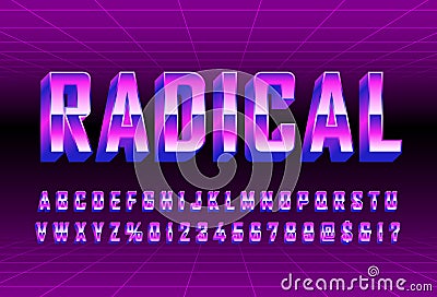 80s retro futurism font, Violet metallic and shiny effect, retro outrun synthwave Vector Illustration