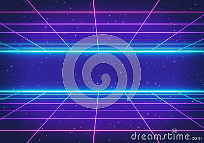 80s Retro Futurism Sci-Fi Background. glowing neon grid. banner, poster. 3d rendering Stock Photo