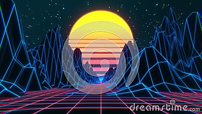 80s retro futuristic sci-fi background. VJ videogame landscape with neon lights Cartoon Illustration