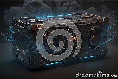 1980s Retro ghetto blaster and dust isolated on black background. Neural network AI generated Stock Photo