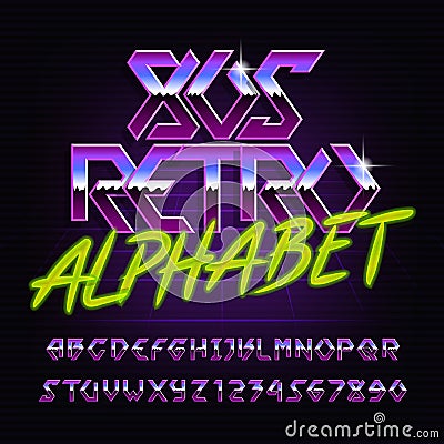 80s retro metal alphabet font. Chrome effect colorful shiny letters and numbers. Vector Illustration