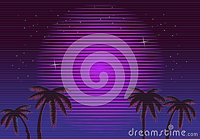 80s Retro Neon gradient background. Palms and sun. Tv glitch effect. Sci-fi beach. Vector Illustration