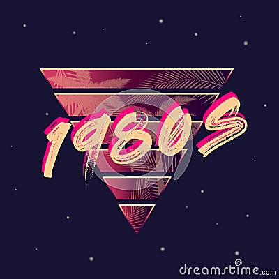 1980s retro neon logo. 80's logo design with Beach palm and abstract triangle. Vector Illustration
