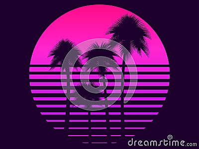 80s retro sci-fi palm trees on a sunset. Retro futuristic sun with palm trees. Summer time. Synthwave and retrowave style. Vector Vector Illustration