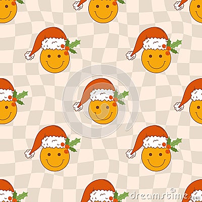 70s retro seamless pattern with hippie groovy smile faces. Christmas smiles with Santa hat on checkerboard background. Vector Illustration