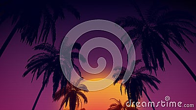 80`s retro style background with tropical coconut trees and sunset from 3d render Stock Photo