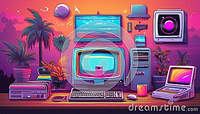 90s retro vaporwave old desktop user interface elements. Cute nostalgic computer ui, vintage aesthetic icons and windows vector Cartoon Illustration