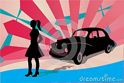 Girl oldtimer car retro silhouette shadow outline vector Vector Illustration