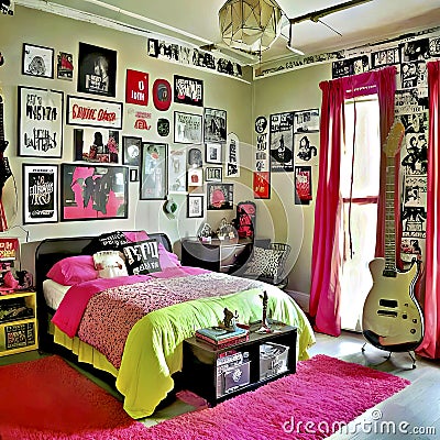 90's room with music posters and guitar Stock Photo