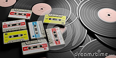 Vintage audio cassettes on wooden background, mix tape label, 3d illustration Cartoon Illustration