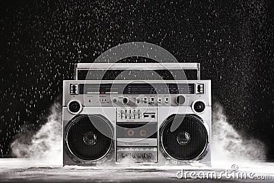 1980s Silver Retro ghetto blaster and dust isolated on black wit Stock Photo