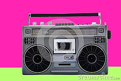 1980s Silver retro radio boom box on color background Stock Photo