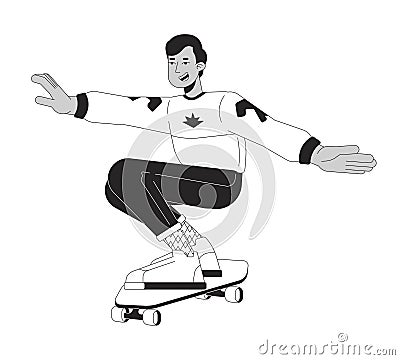 80s skateboarder teenage boy black and white cartoon flat illustration Vector Illustration
