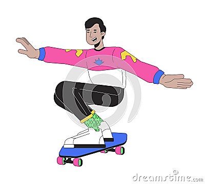 80s skateboarder teenage boy line cartoon flat illustration Vector Illustration